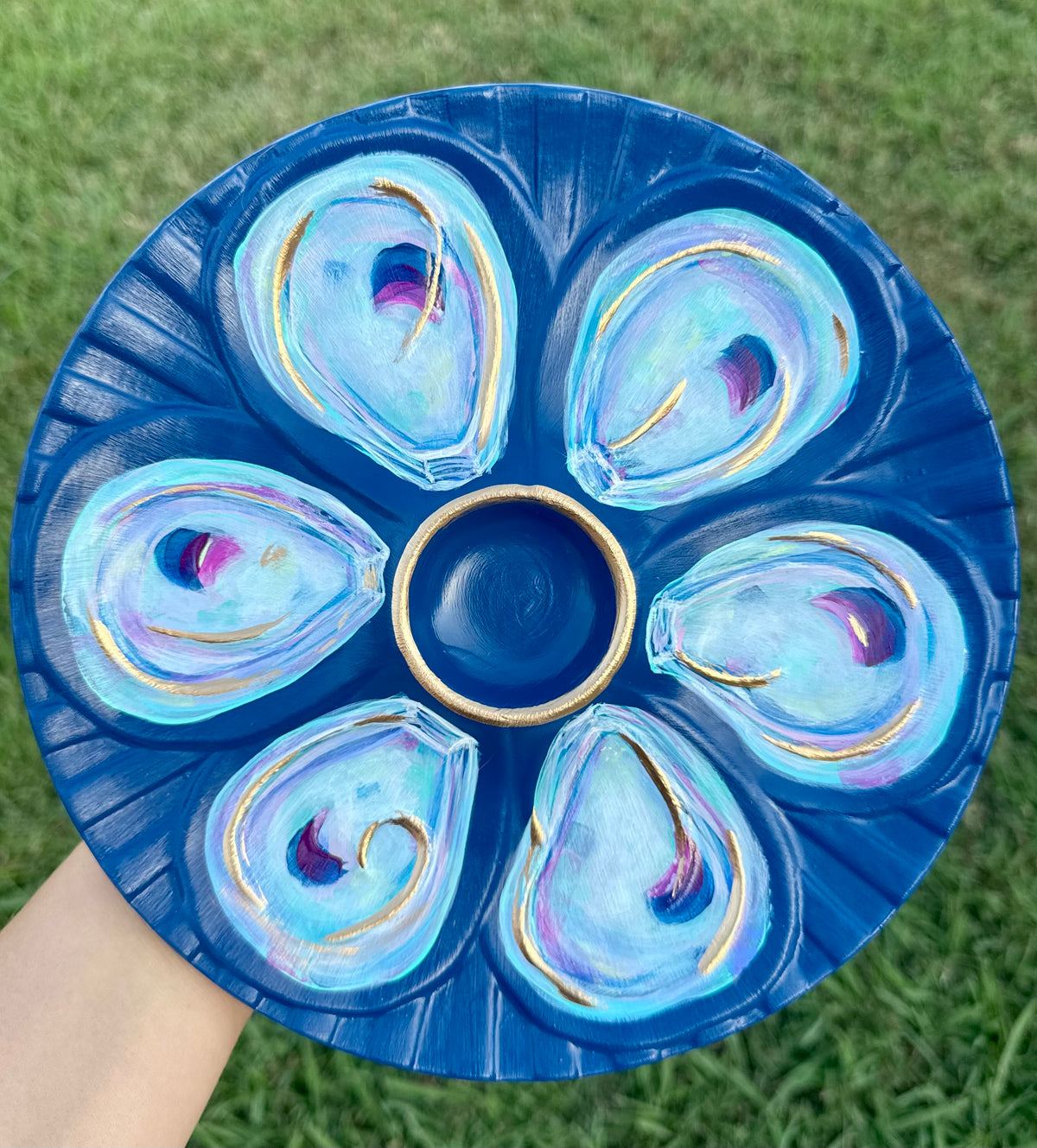 “Blue Tide Beauty ” Hand-Painted Gilded Oyster Plate