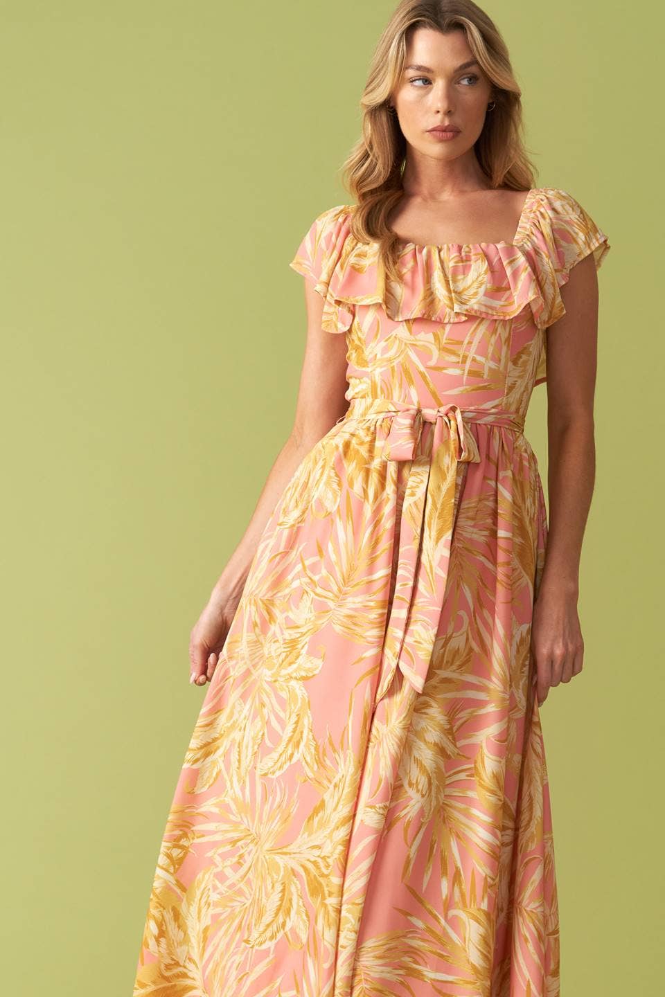 Pink Floral Flutter Top Maxi Dress