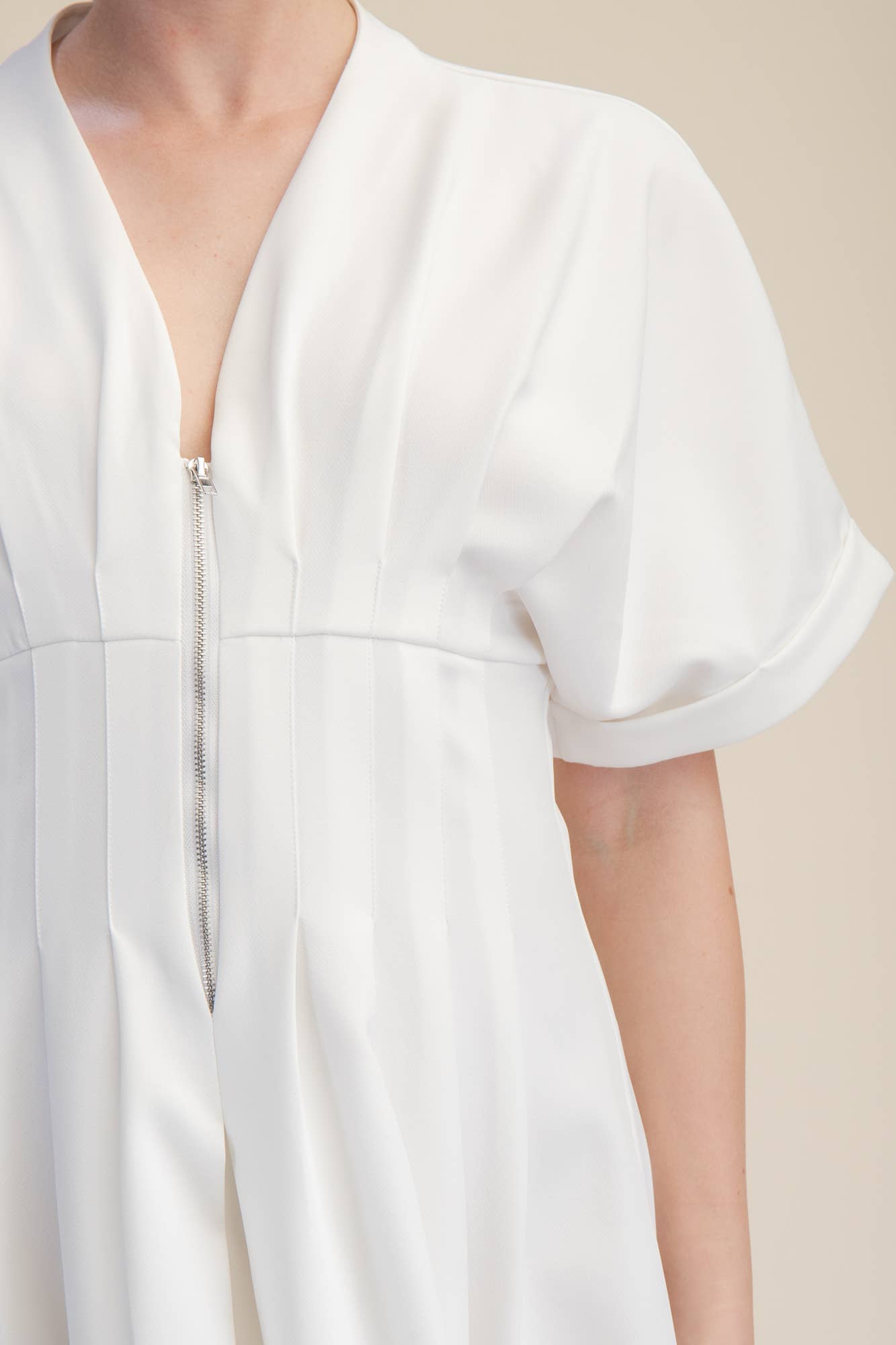Front Zip Pleated Flare Stretch Shirt Dress