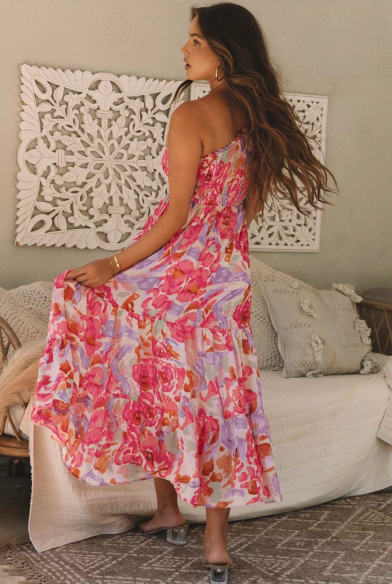 Pink Floral Smocked One Shoulder Maxi Dress