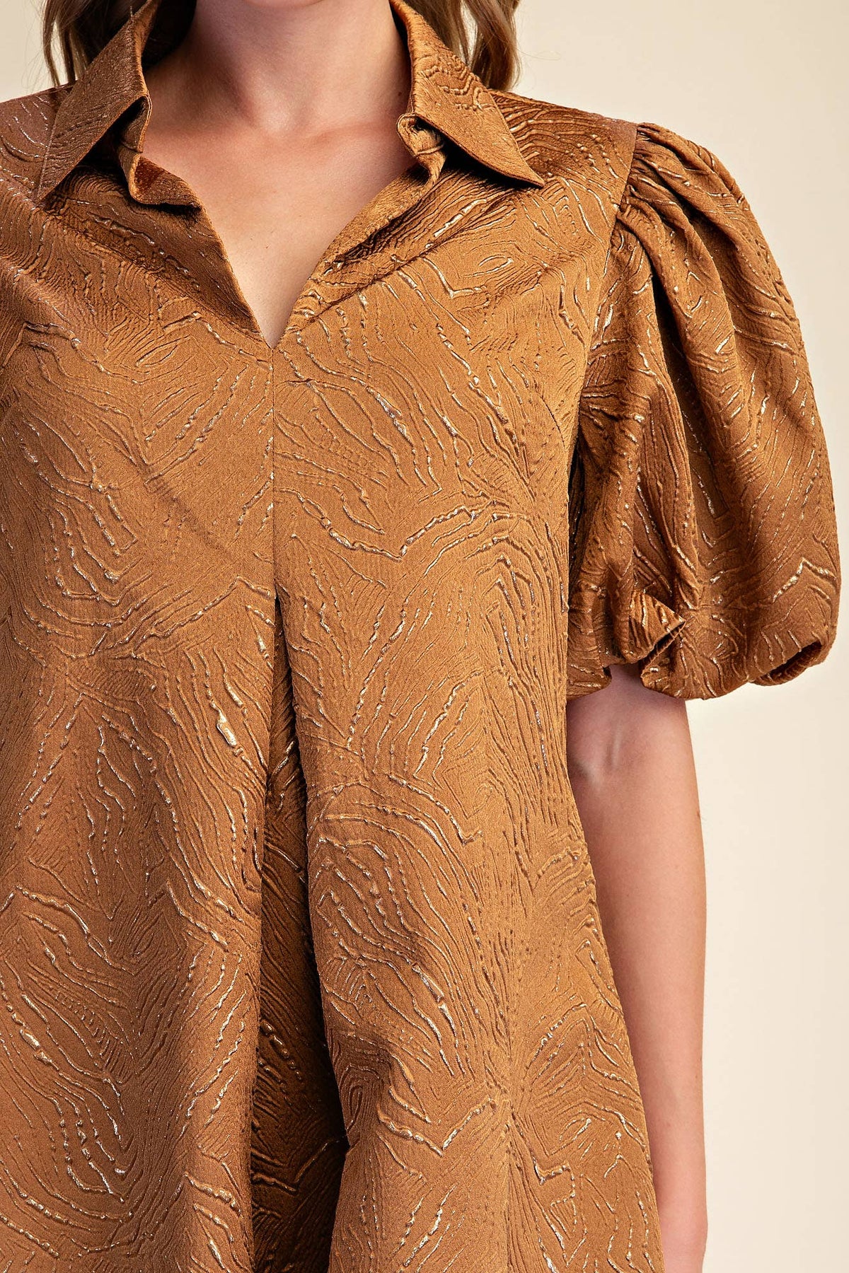 Camel Puff Sleeve Pleated Lurex Midi Dress