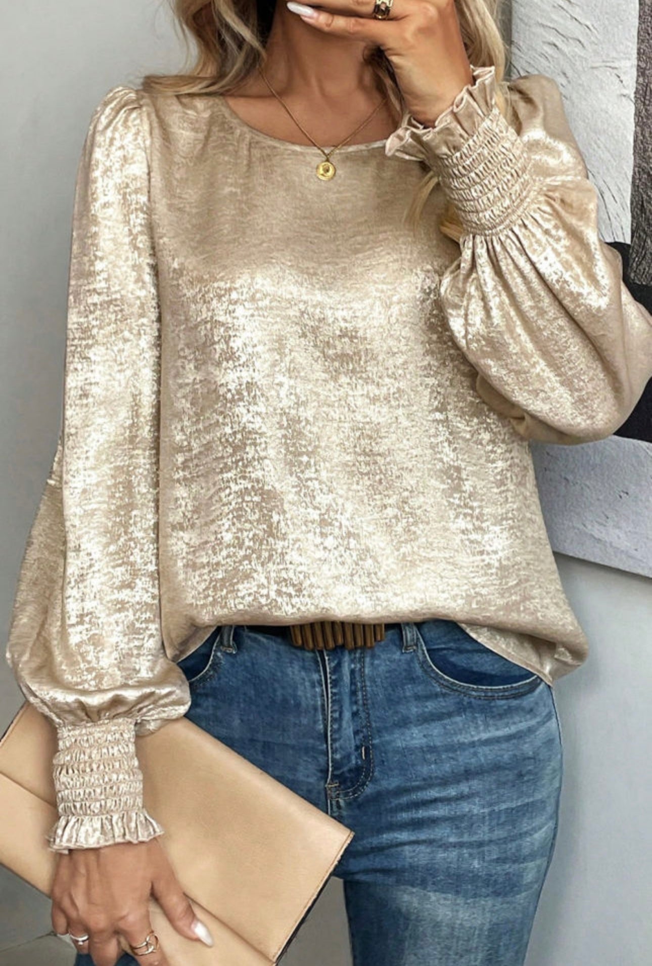 Metallic Champagne Long Sleeve Blouse