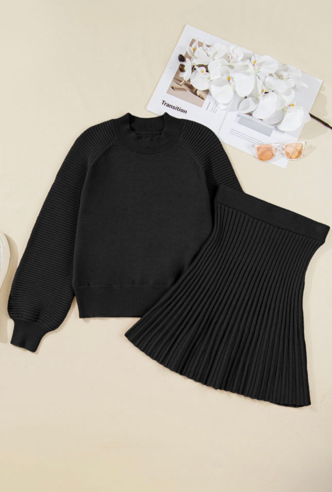 Black Puff Sleeve and Pleated Skirt Knit Sweater Set