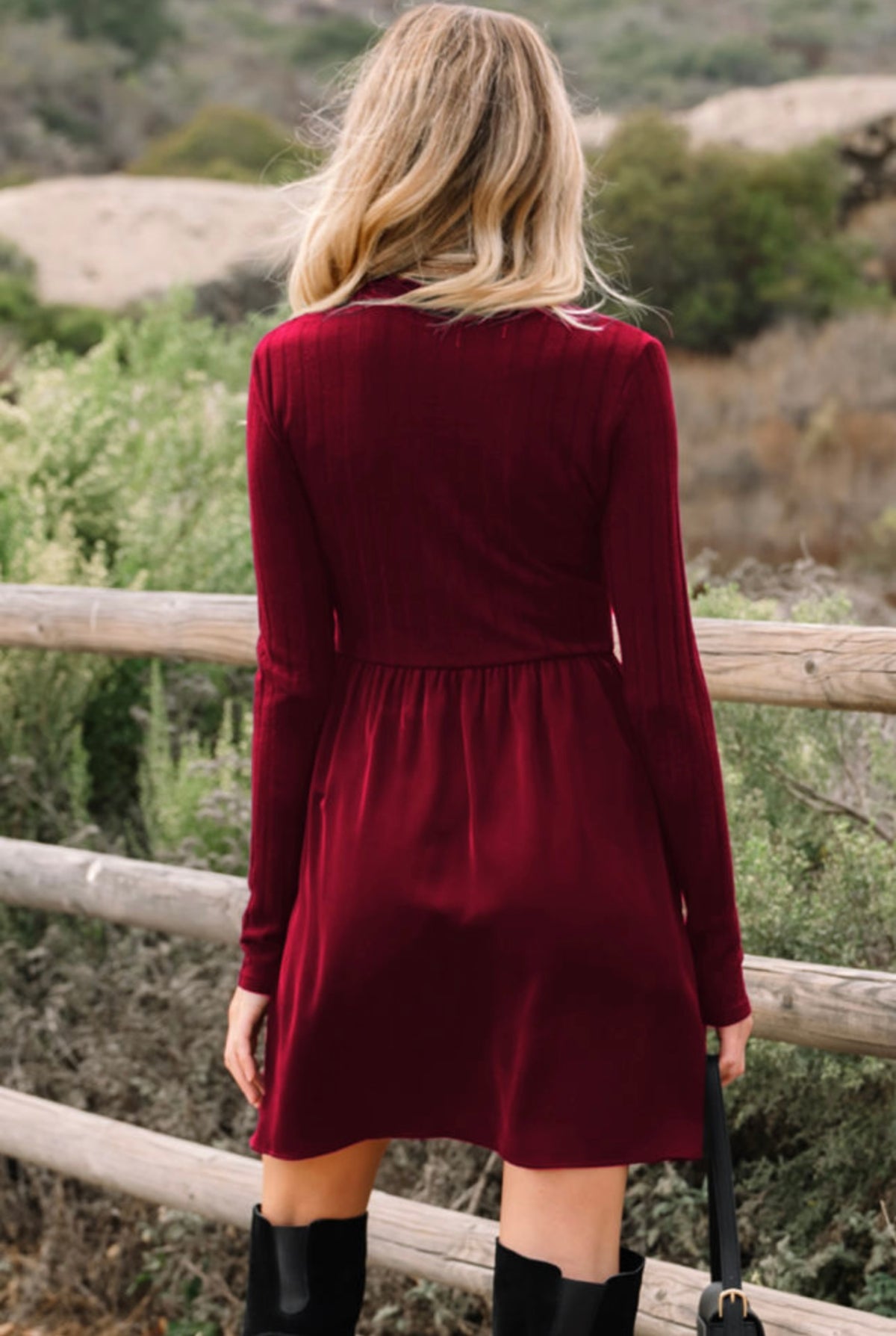 Burgundy Frilled Neck Ribbed Dress