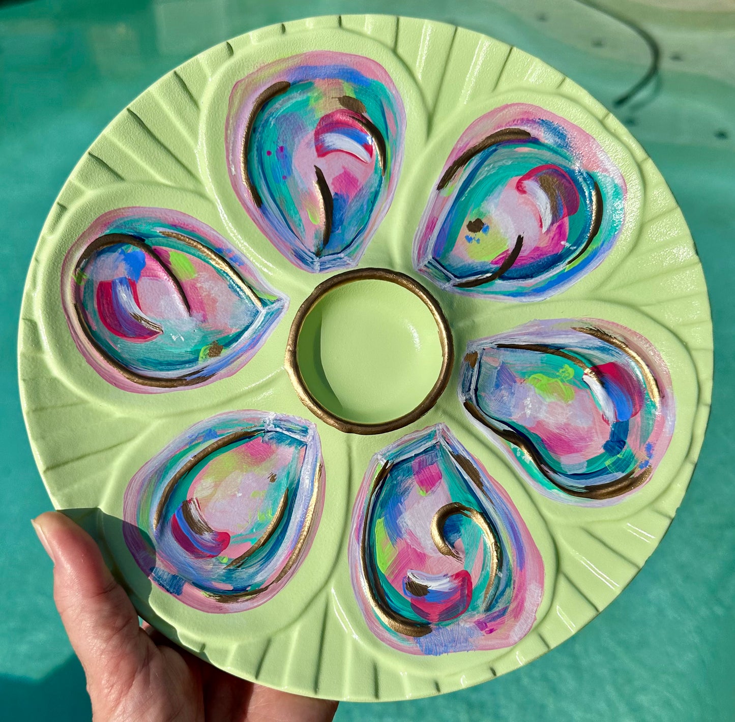 “Colorful Coastal Course” Hand-Painted Gilded Oyster Plate