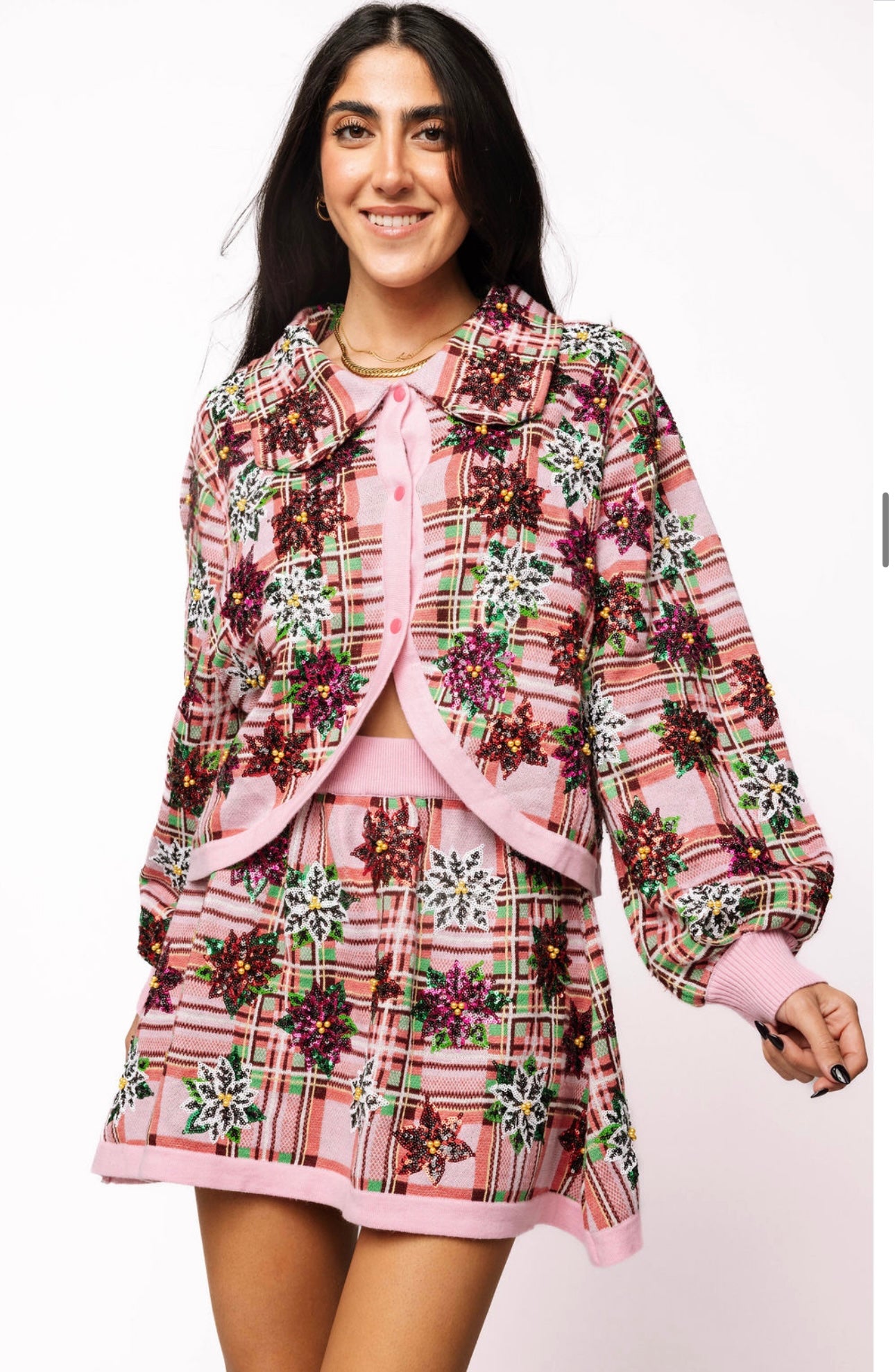 Queen of Sparkles Pink Plaid Poinsettia Skirt Set
