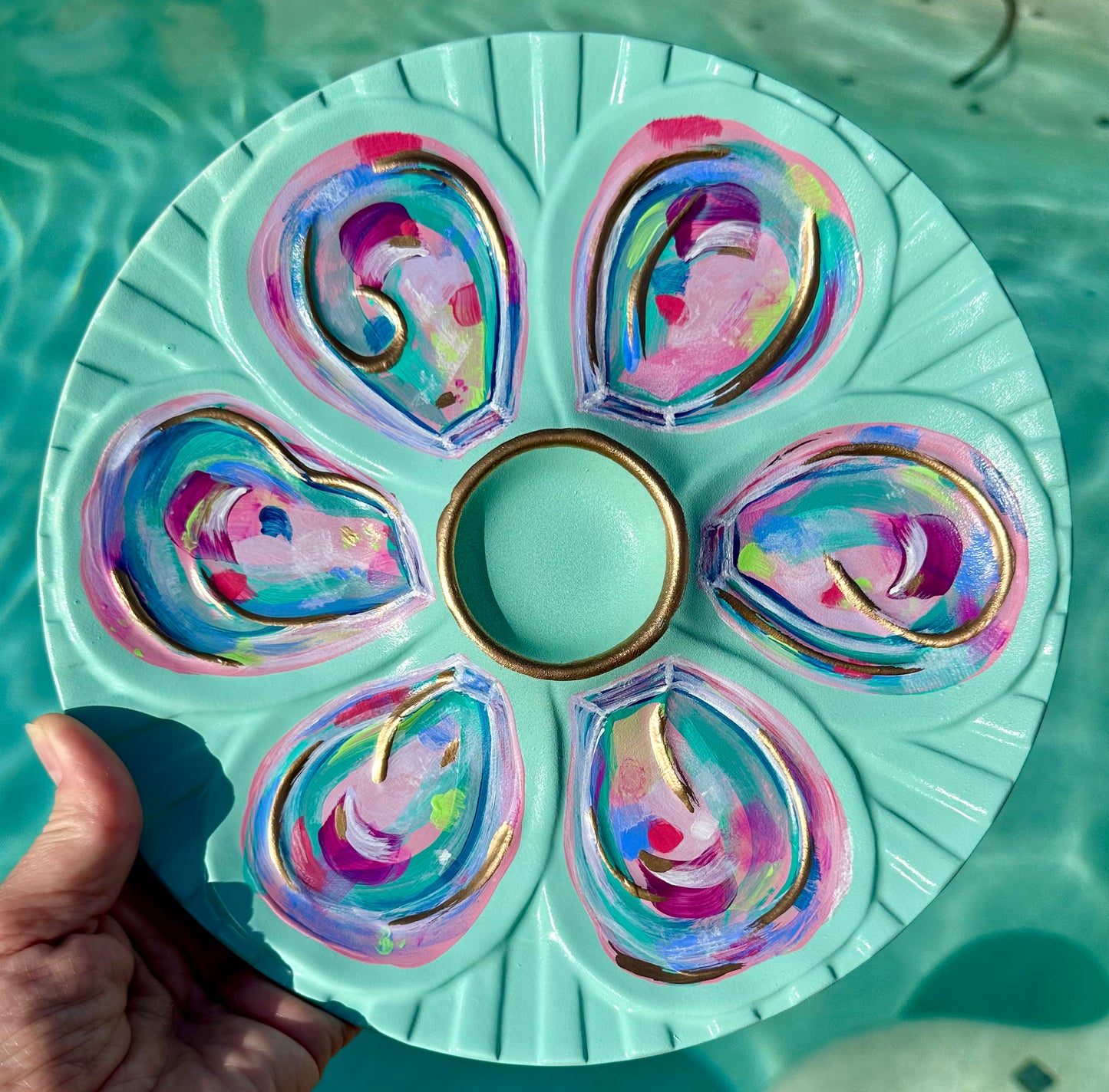 “Seaside Half Dozen” Hand-Painted Gilded Oyster Plate