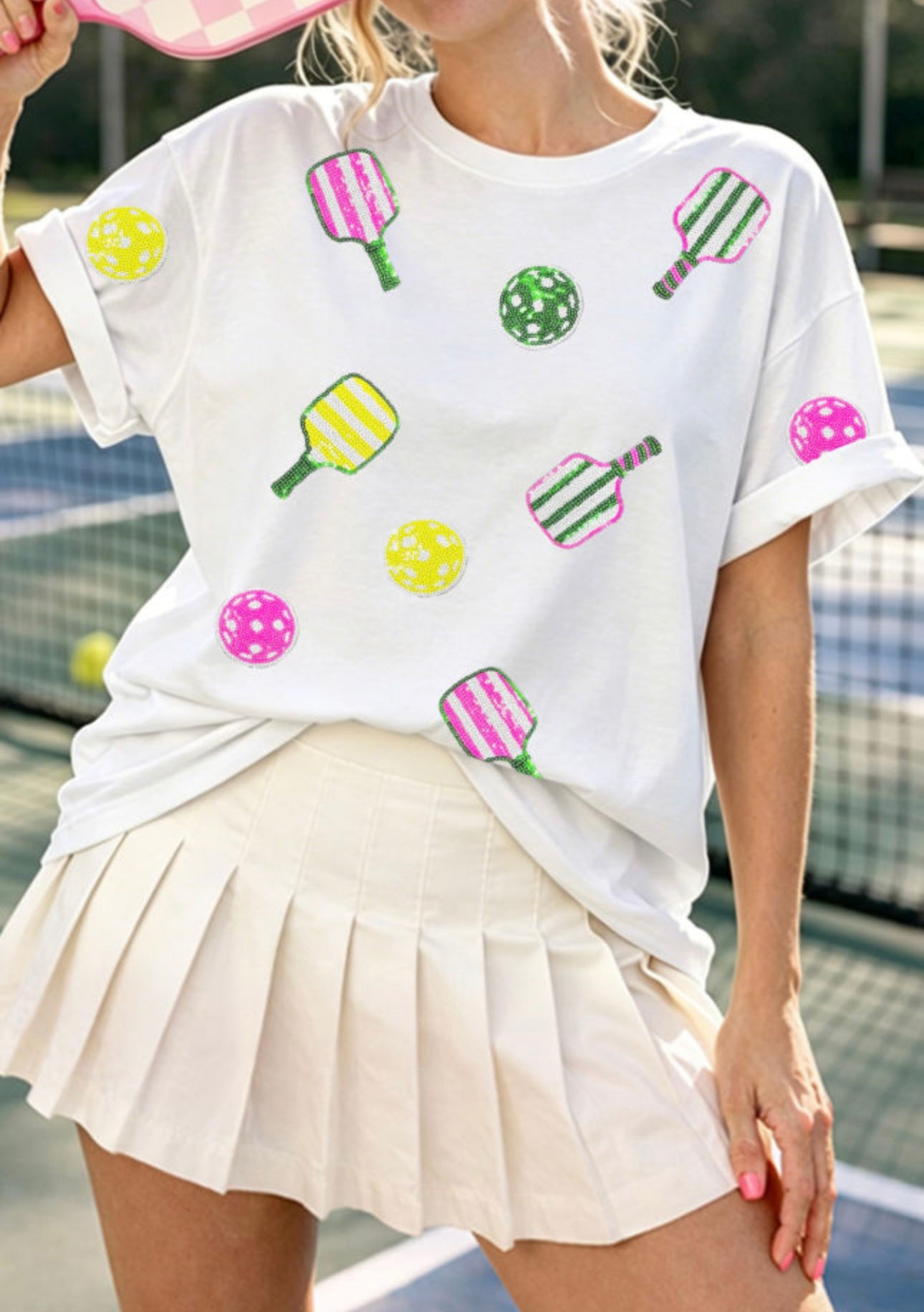 Sequined Pickleball White Tee