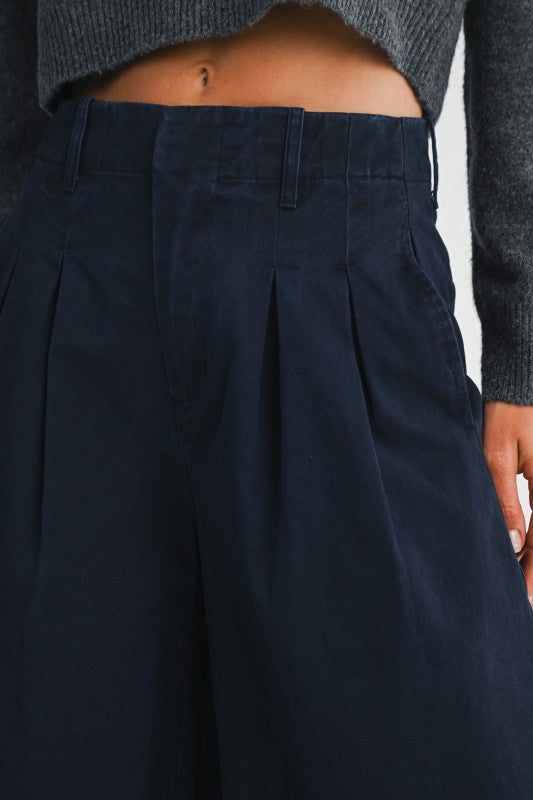 Pleated Navy Wide Leg Pants