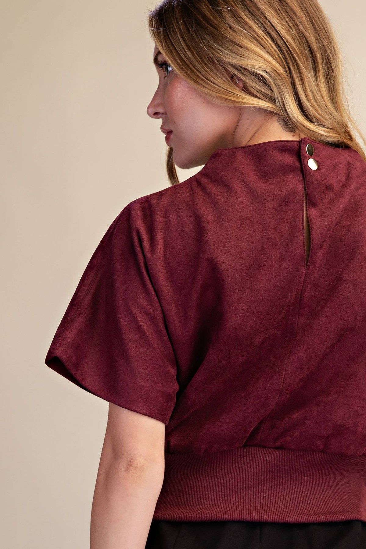 Burgundy Mock Neck Suede Look Brush Top