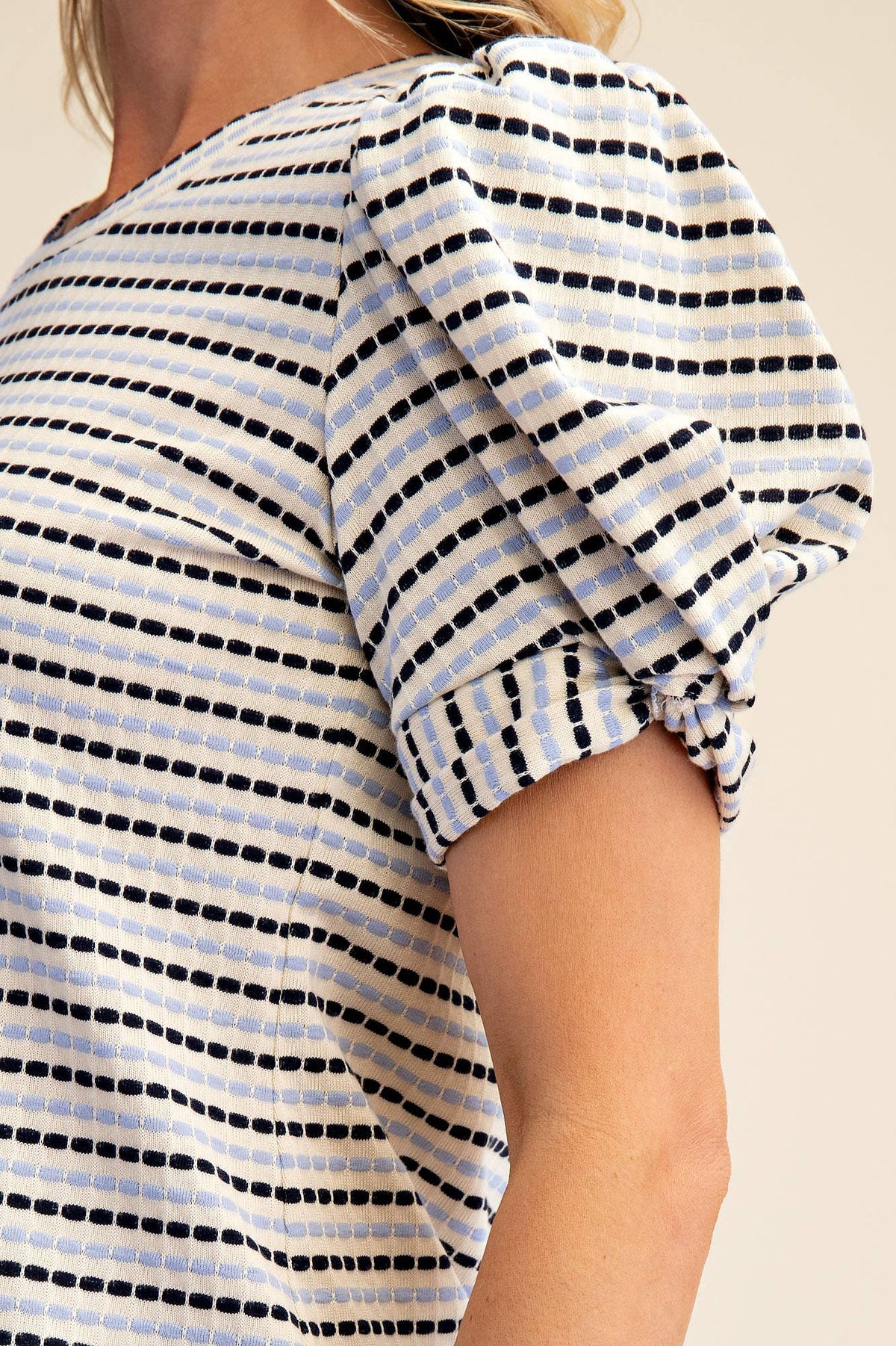 Sage Round Neck Puff Sleeve Stripe Top