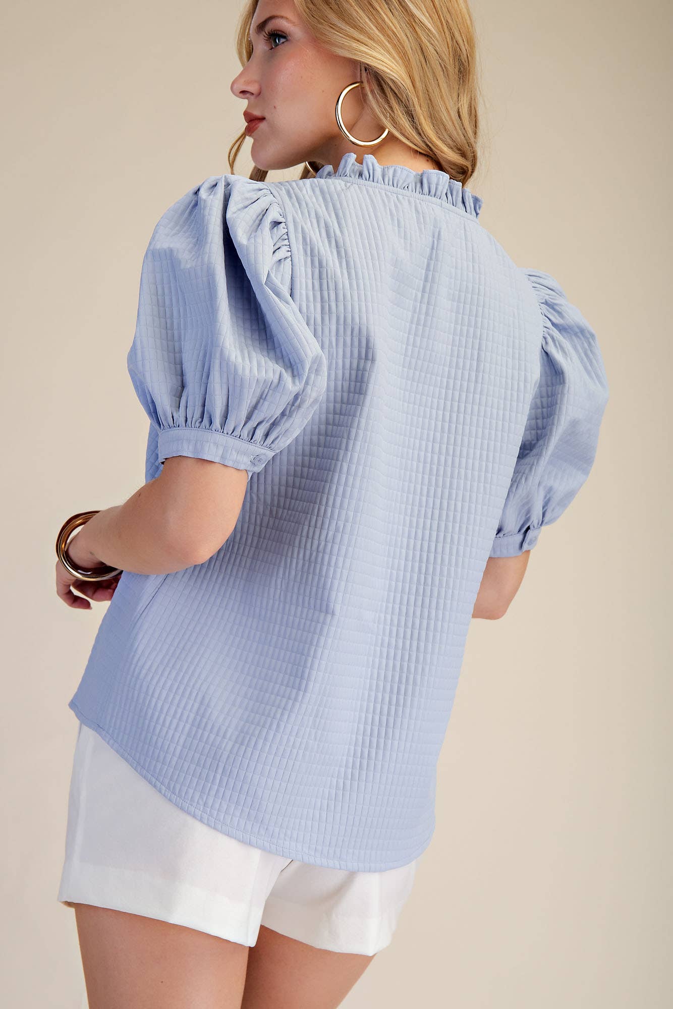 Light Blue Ruffle V-Neck Puff Sleeve Top
