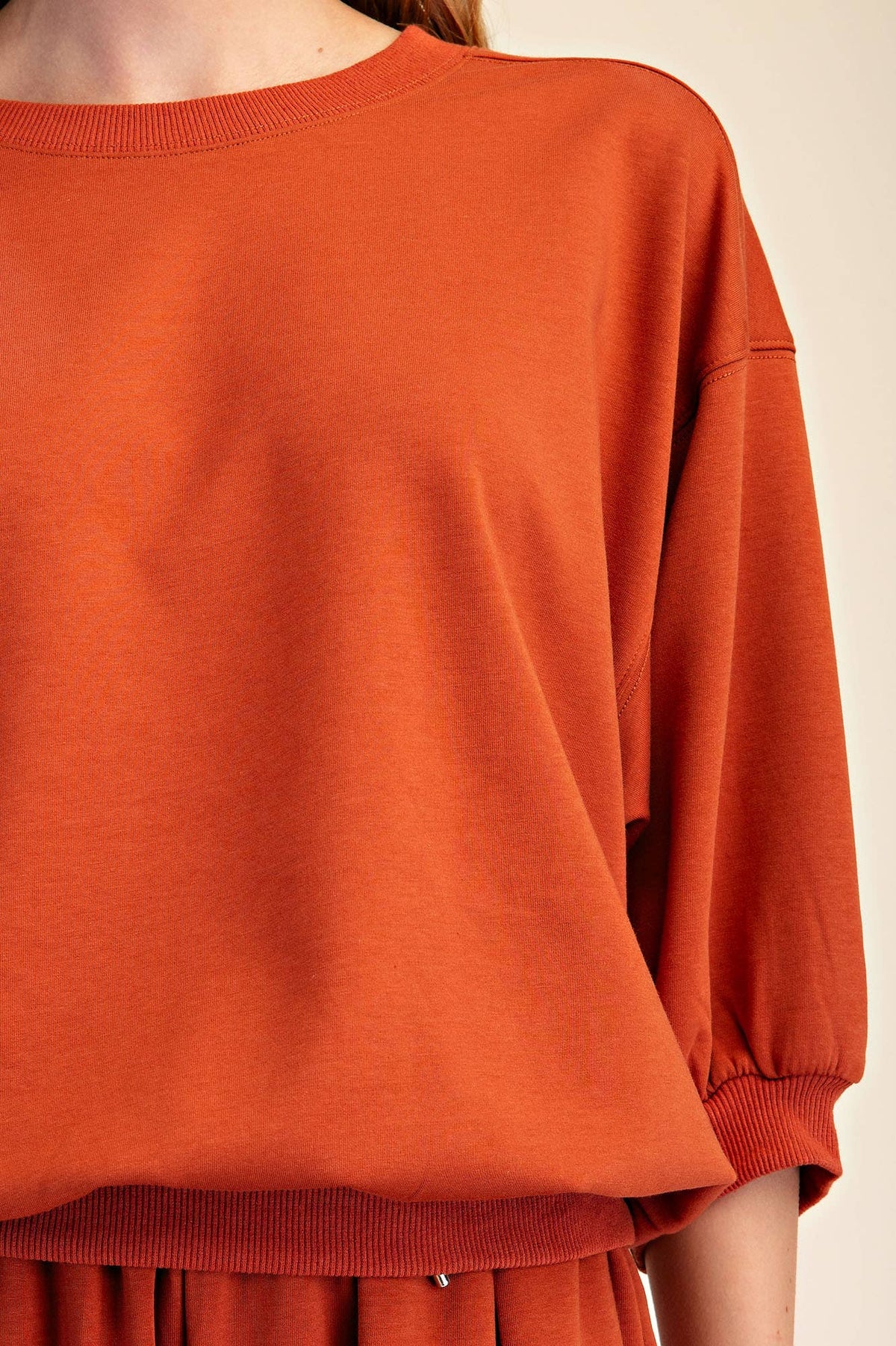 Rust Pullover Sweatshirt With Bubble Sleeve