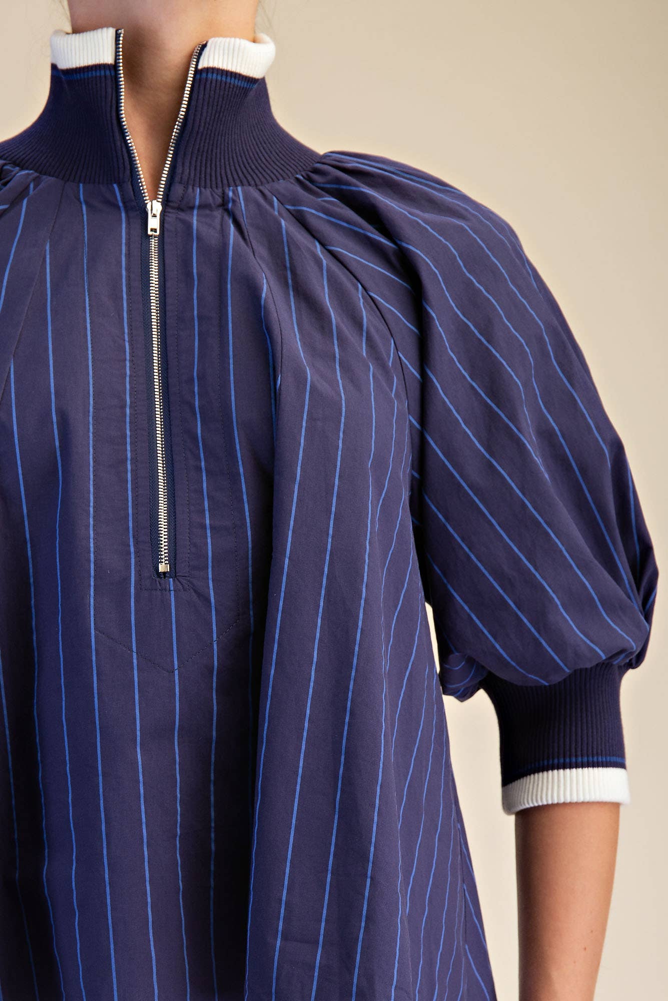 Navy Mock Neck Band Puff Sleeve Blouse