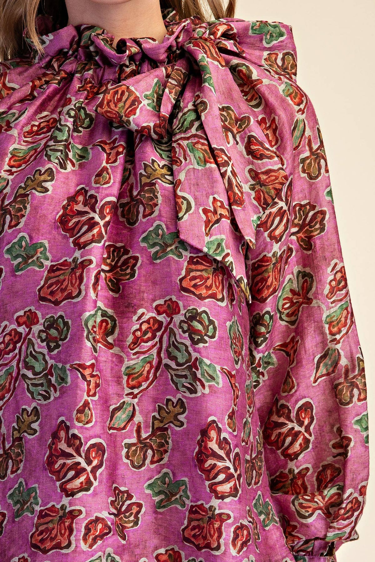 Pink Ruffle Tie Neck Long Sleeve Print Blouse