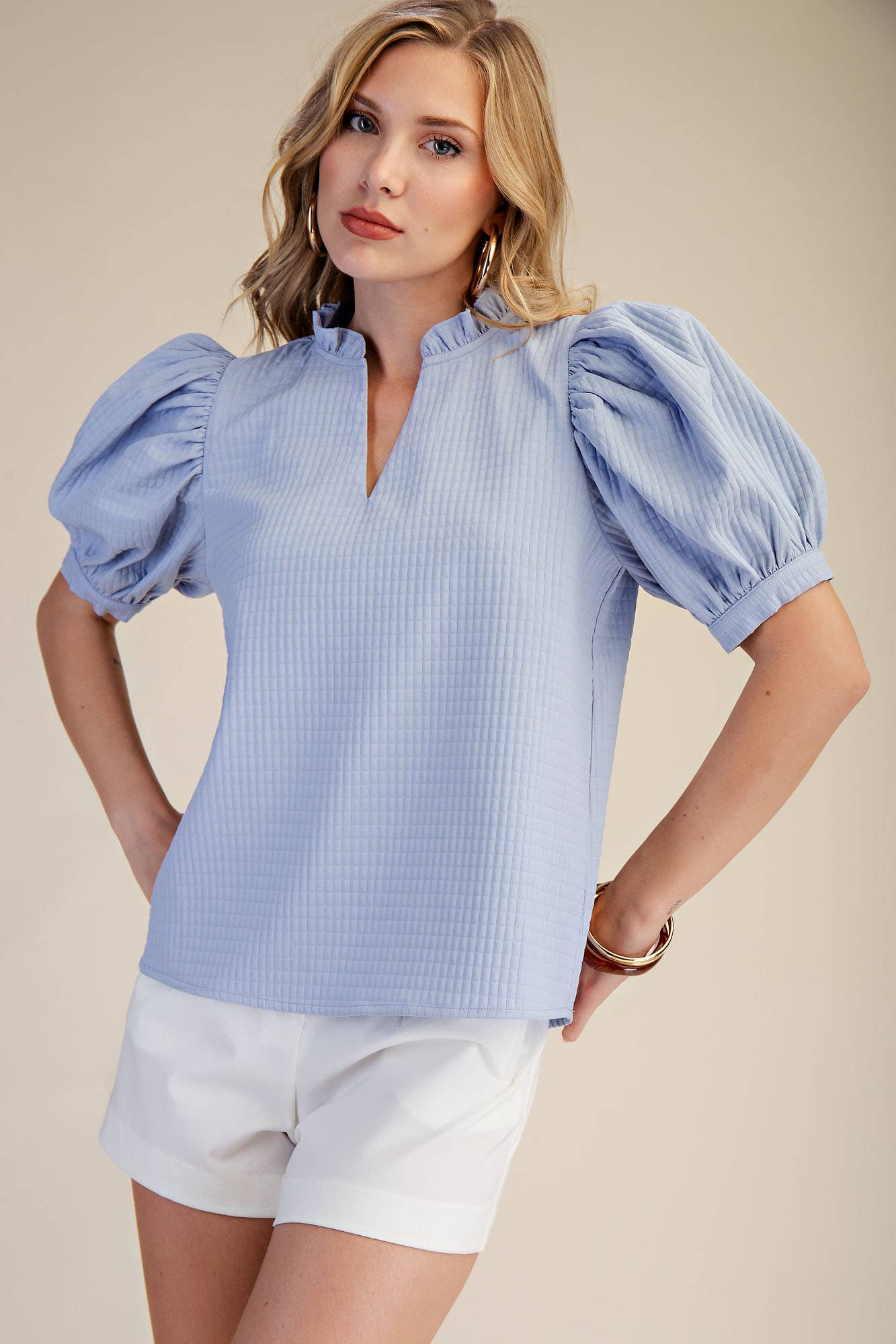 Light Blue Ruffle V-Neck Puff Sleeve Top
