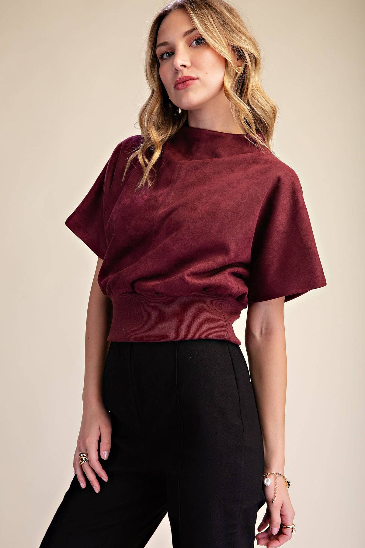 Burgundy Mock Neck Suede Look Brush Top
