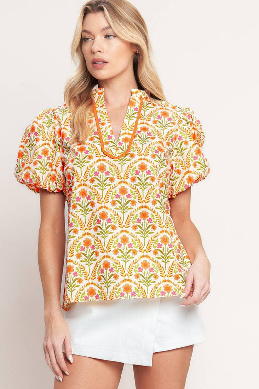 Cream Floral Puff Sleeve Top