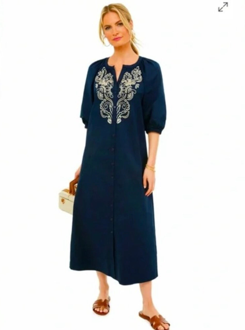 Tuckernuck Navy Embroidered Edda Midi Dress-Size XS
