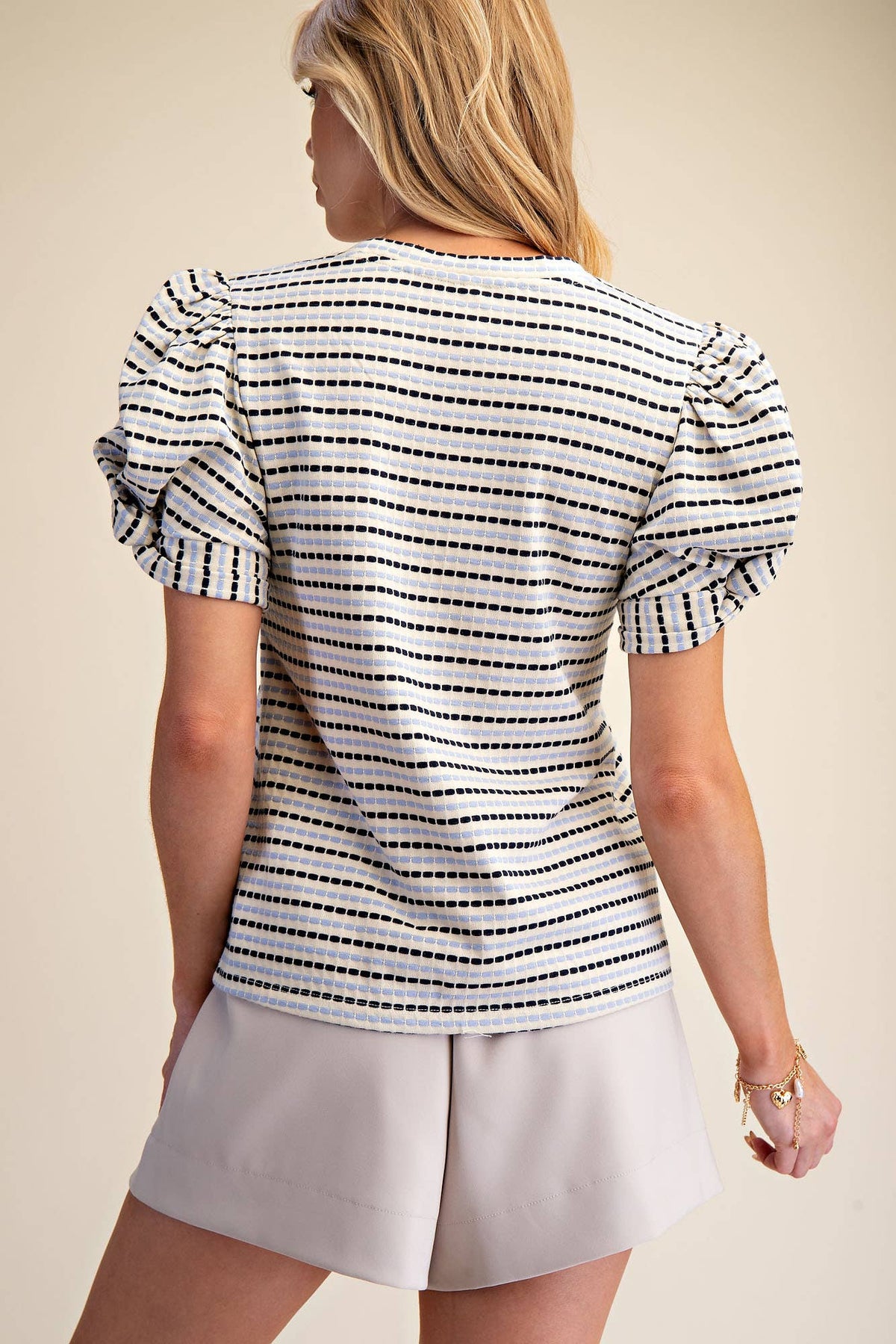 Sage Round Neck Puff Sleeve Stripe Top