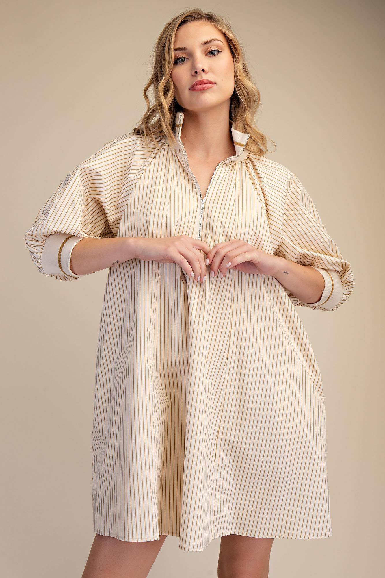 Mock Neck Band Puff Sleeve Casual Mini Dress