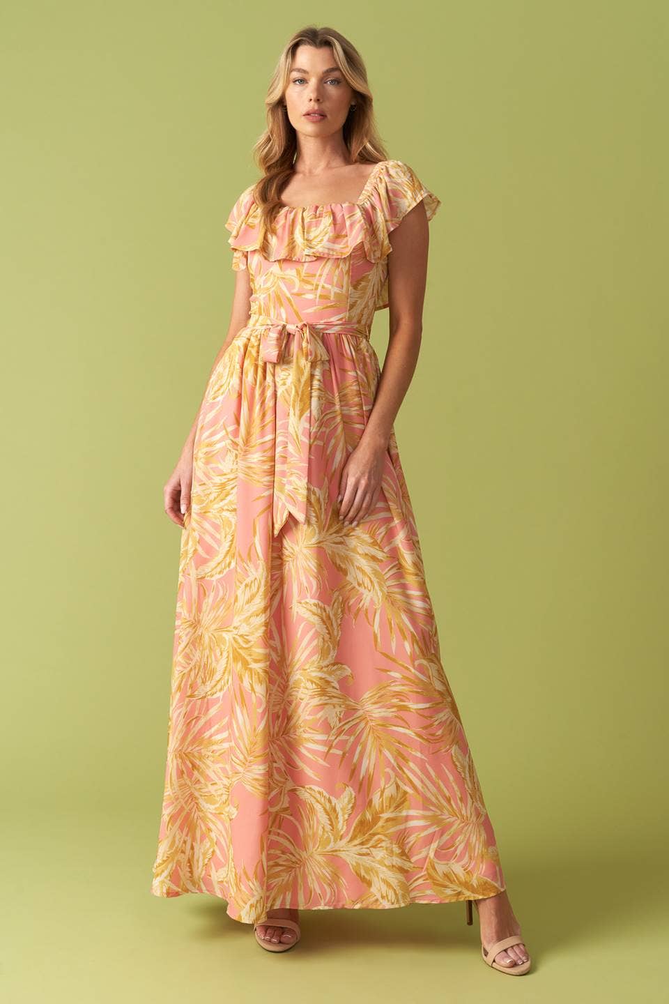 Pink Floral Flutter Top Maxi Dress