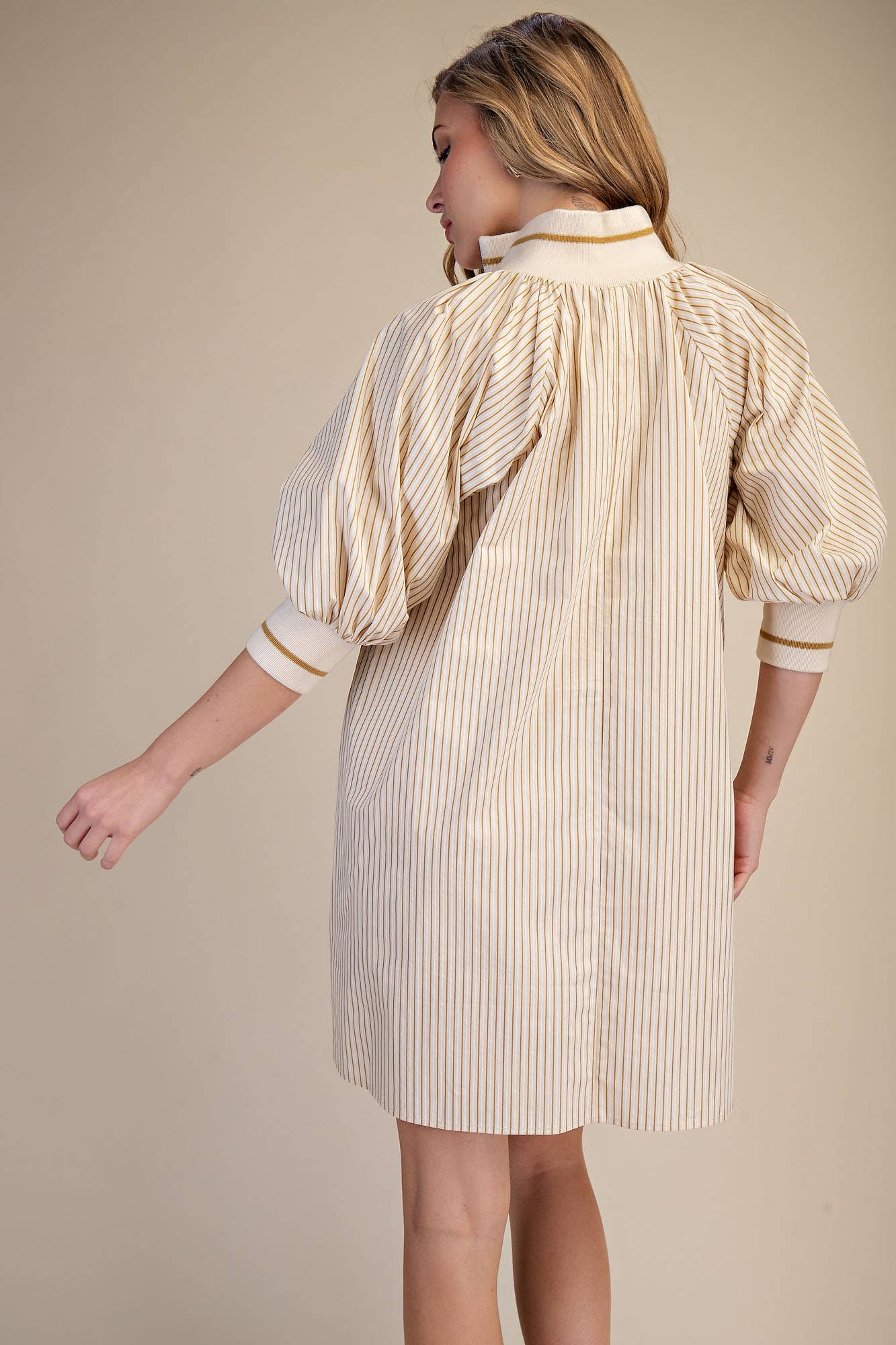 Mock Neck Band Puff Sleeve Casual Mini Dress