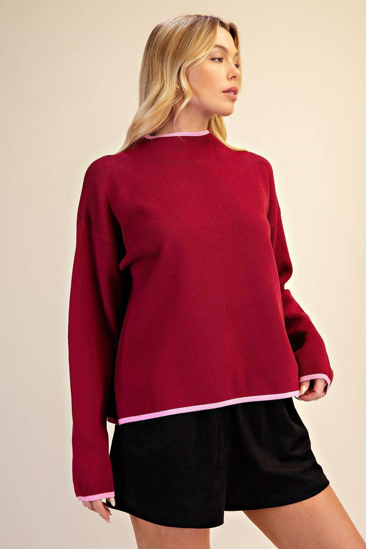 Burgundy Mock Neck Long Sleeves Sweater