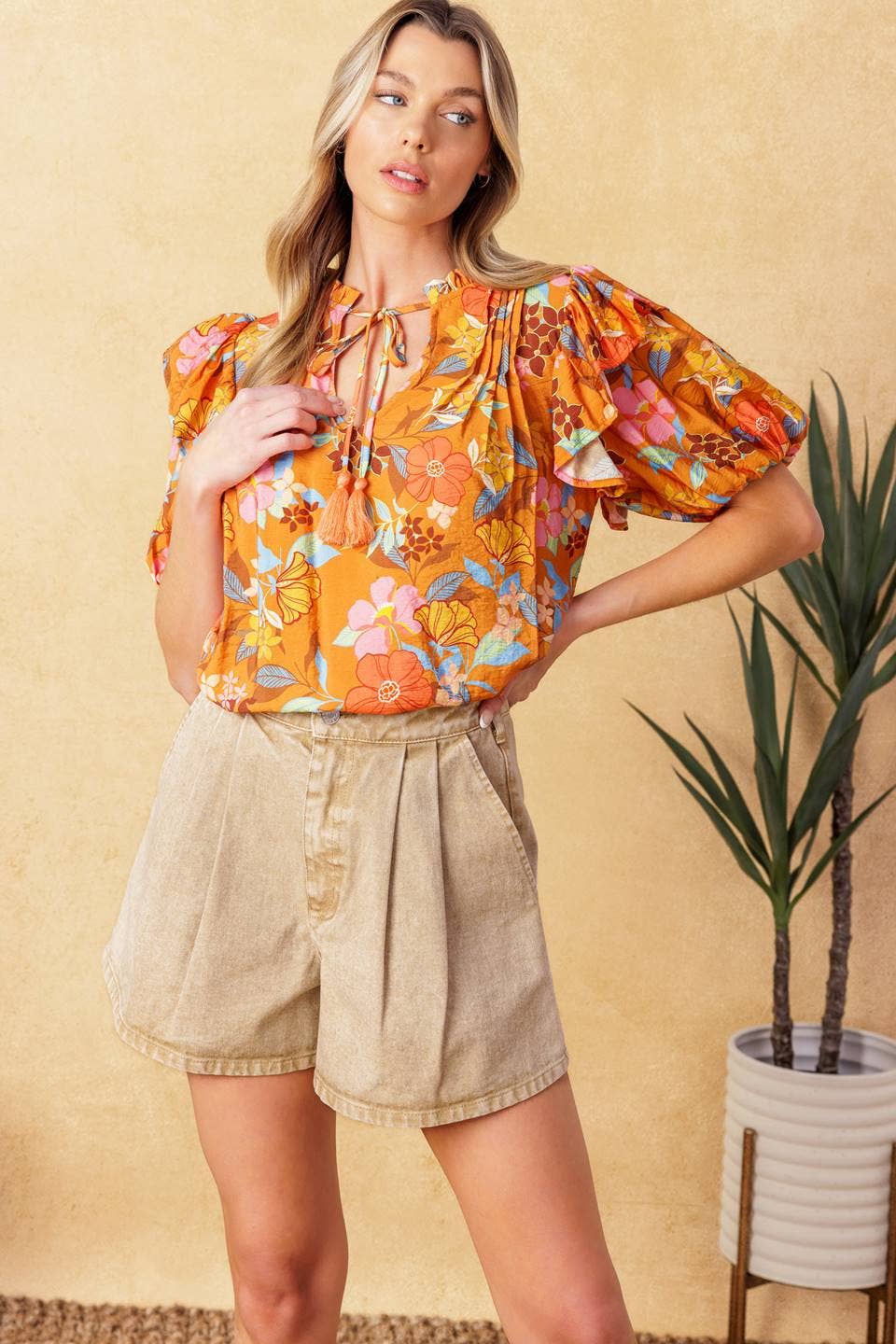 Orange Floral V Neck Top