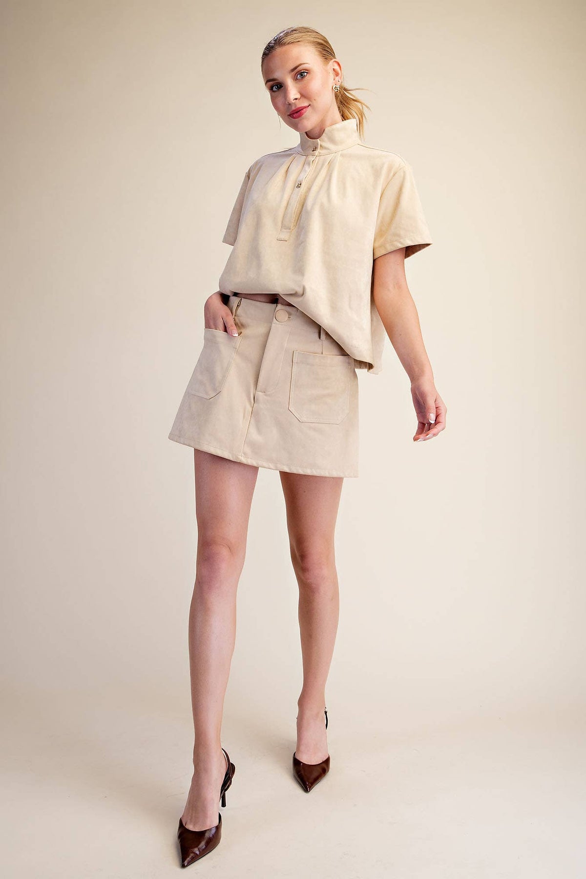Suede-Look Soft Brush Stretchy Skort Set