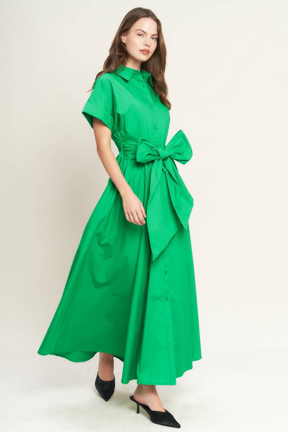 Green Tie Bow Waist Midi Dress