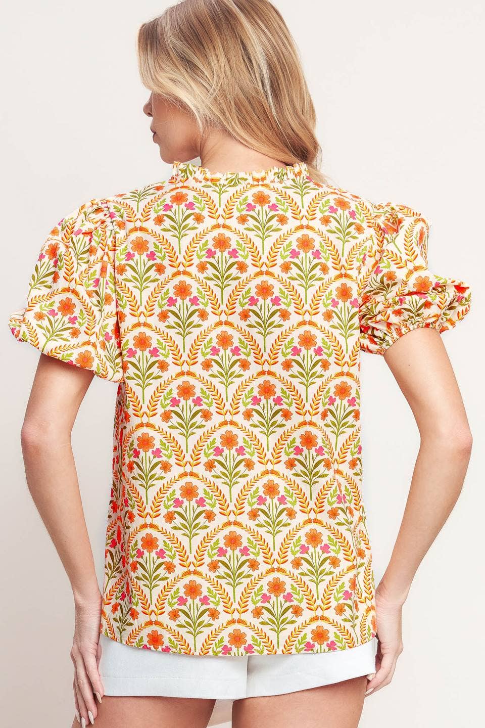 Cream Floral Puff Sleeve Top