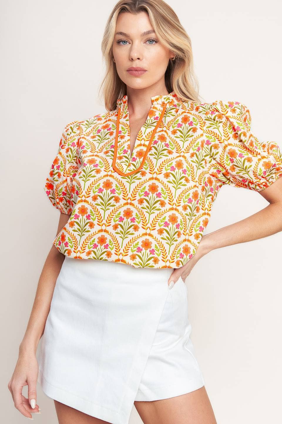 Cream Floral Puff Sleeve Top