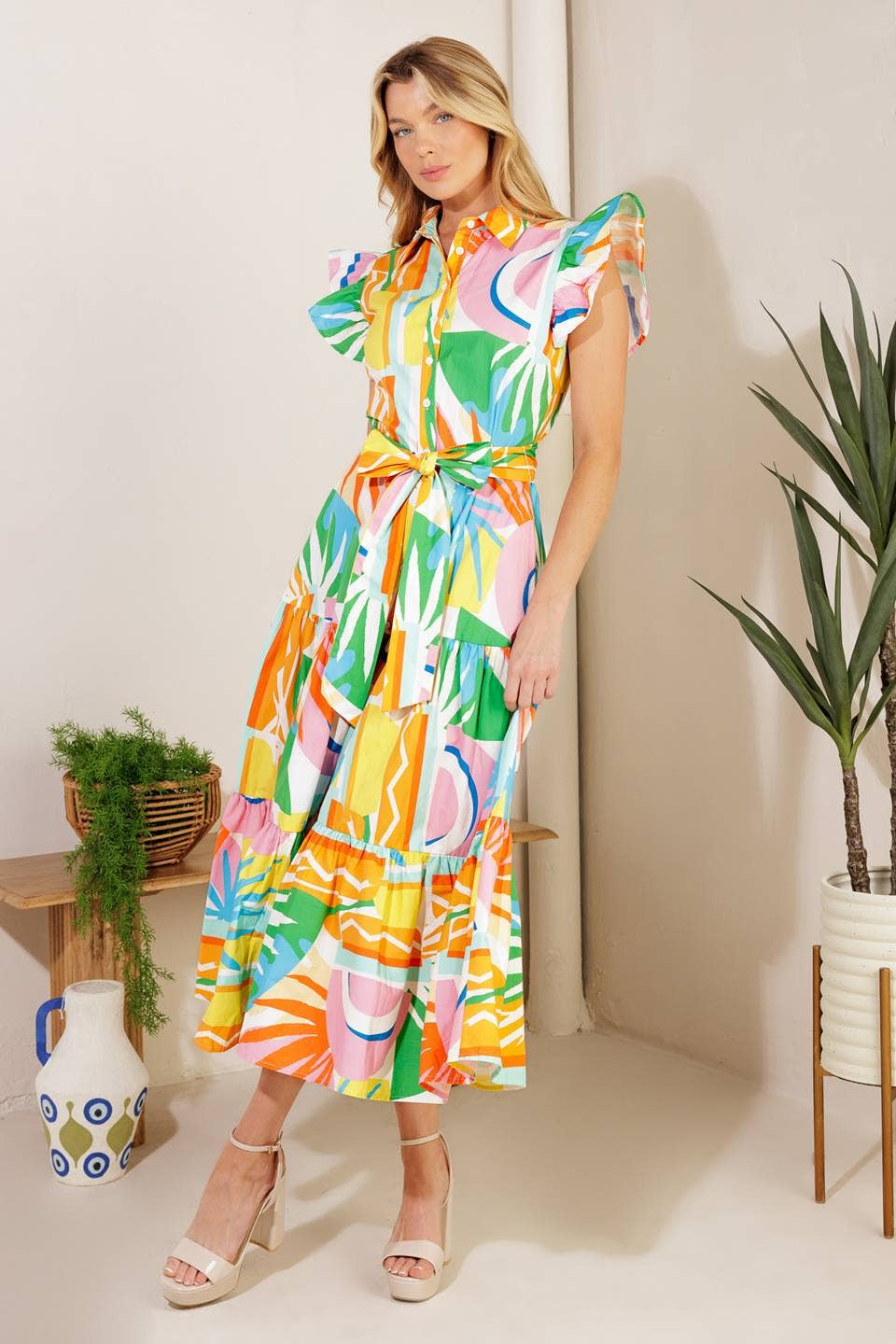 Tropical Flutter Sleeve Midi Dress