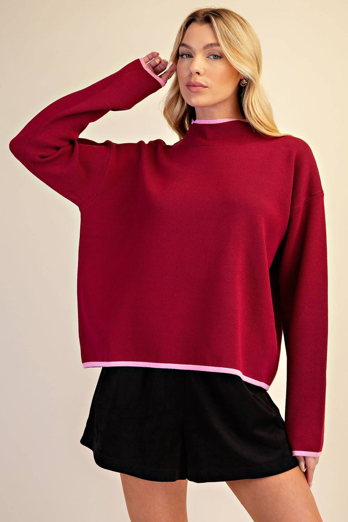 Burgundy Mock Neck Long Sleeves Sweater