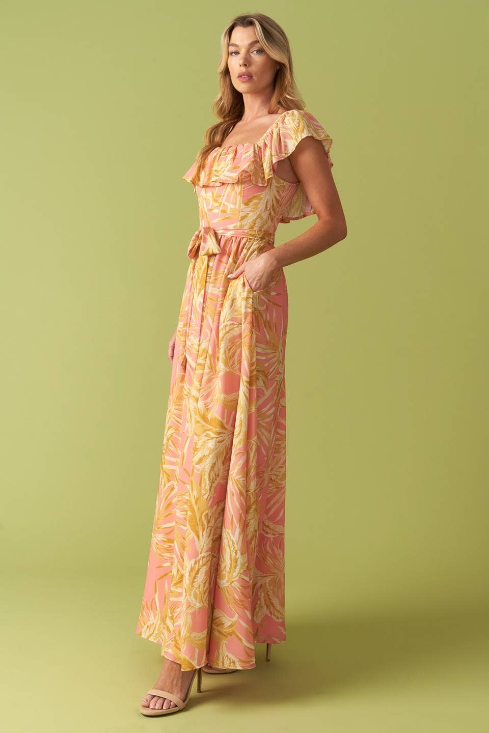 Pink Floral Flutter Top Maxi Dress