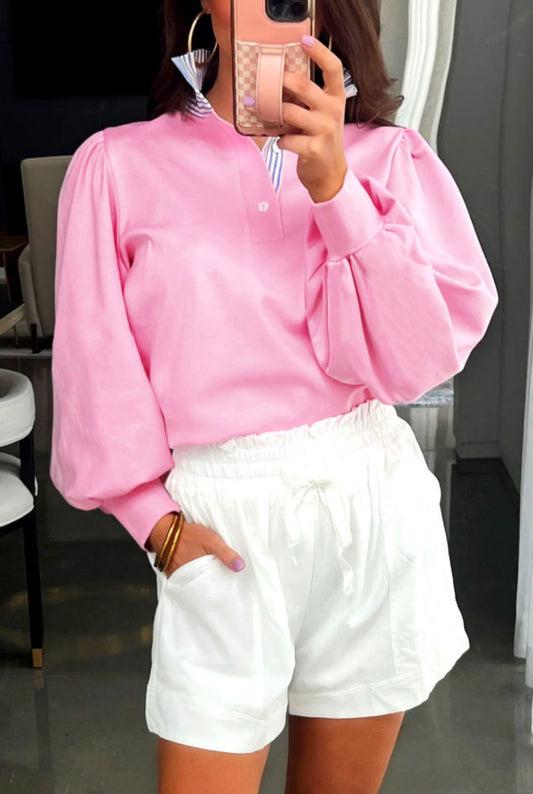 Pink Top with Blue Stripe Ruffle Collar