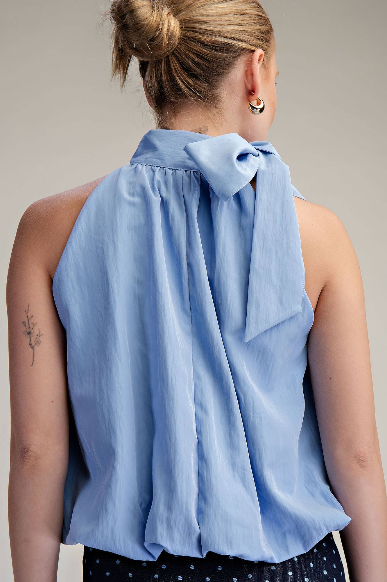 Blue High Neck Tie Wrap Balloon Sleeveless Top