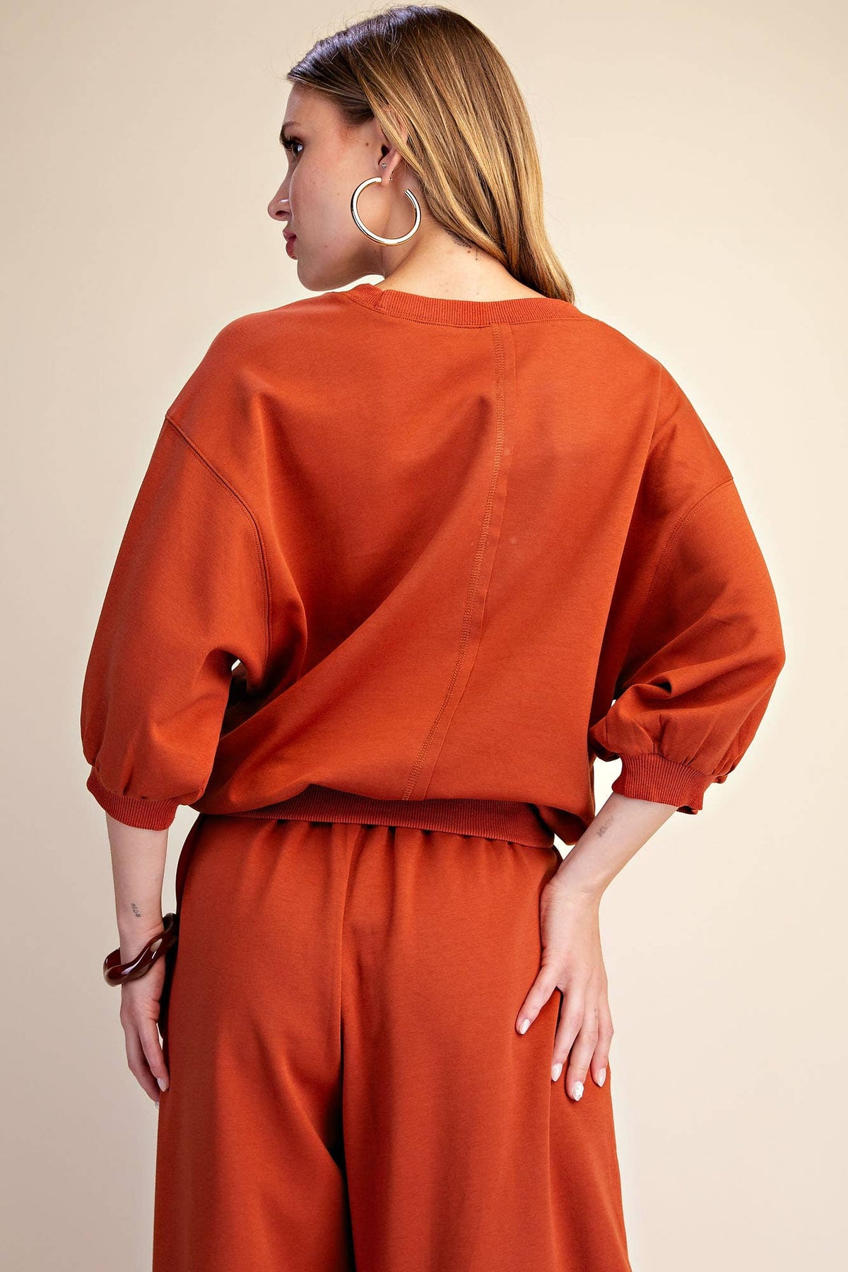 Rust Pullover Sweatshirt With Bubble Sleeve