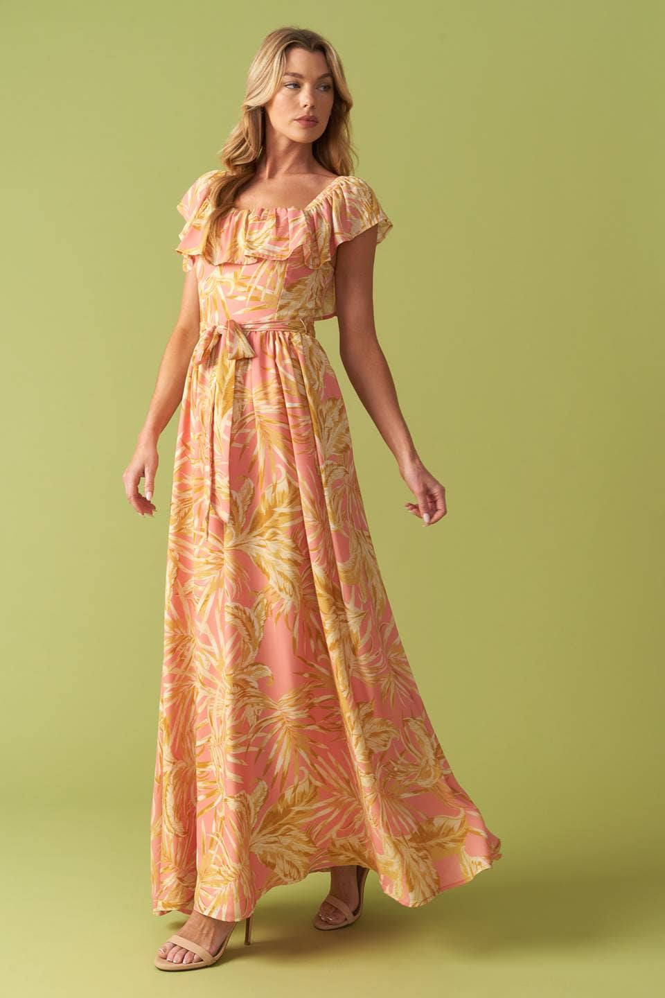Pink Floral Flutter Top Maxi Dress