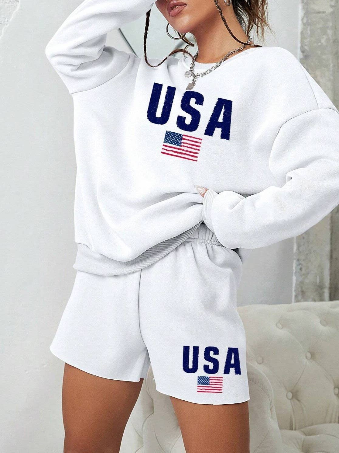 White USA Flag Crewneck Sweatshirt & Shorts Set