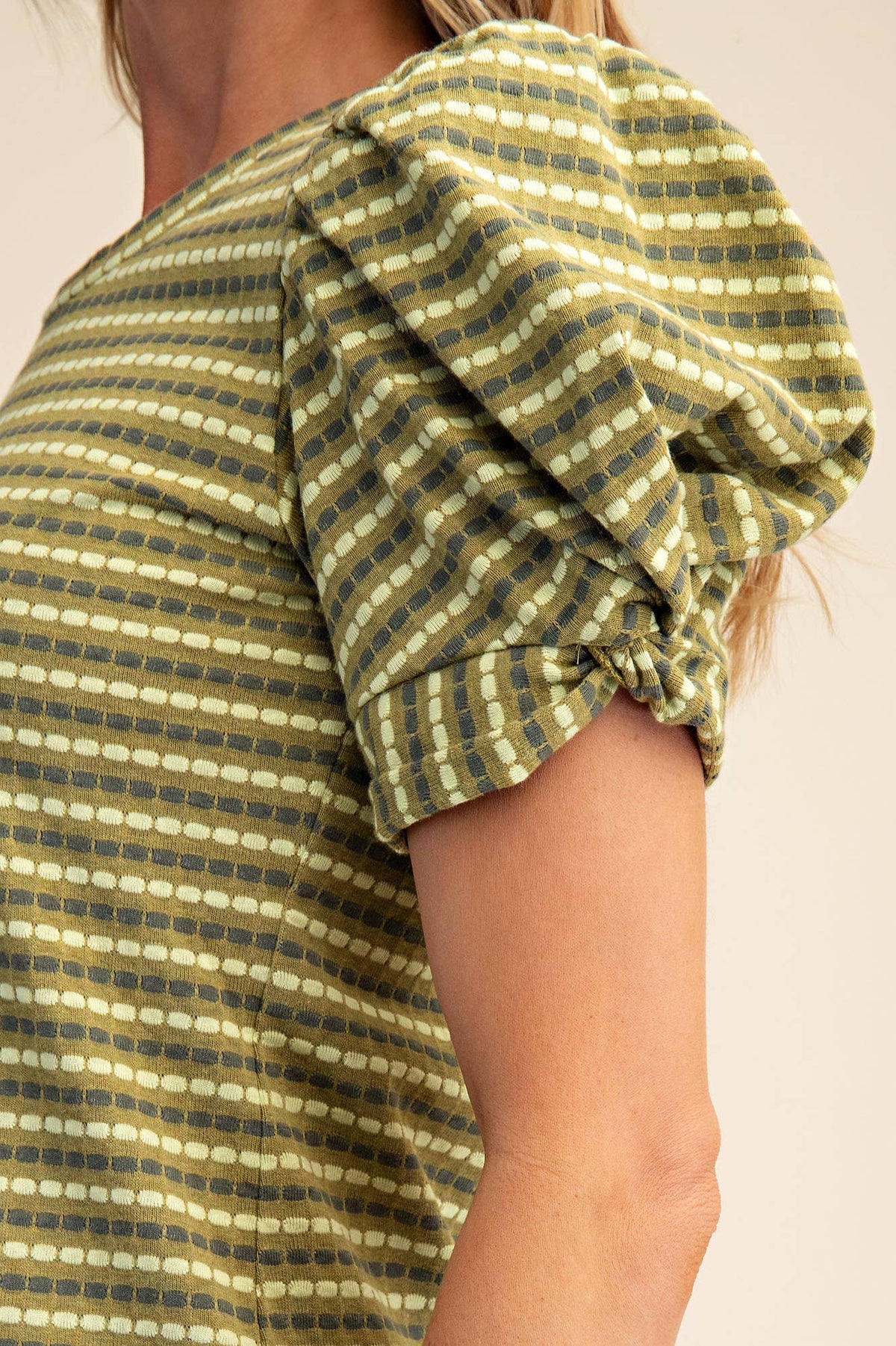 Sage Round Neck Puff Sleeve Stripe Top