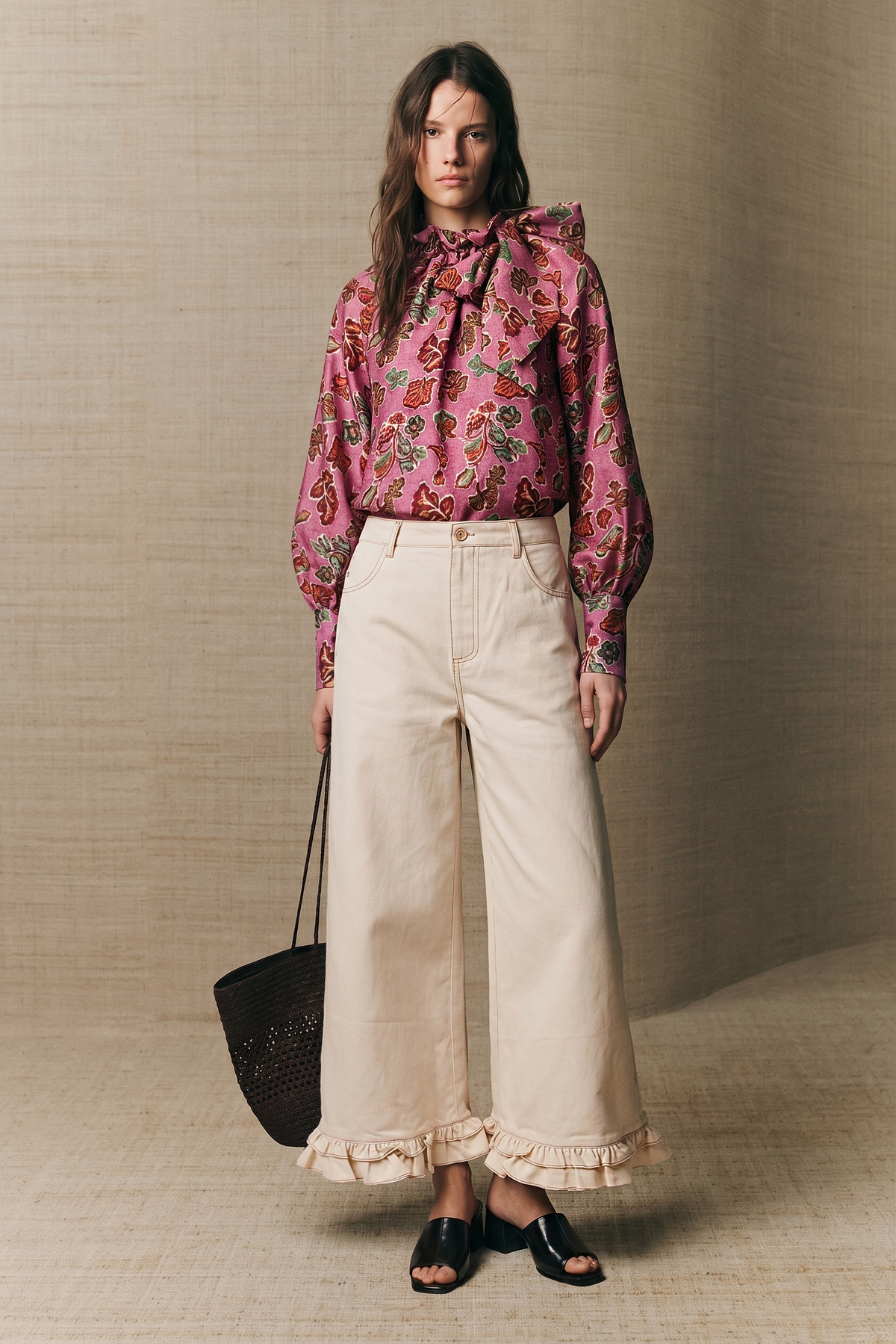 Pink Ruffle Tie Neck Long Sleeve Print Blouse