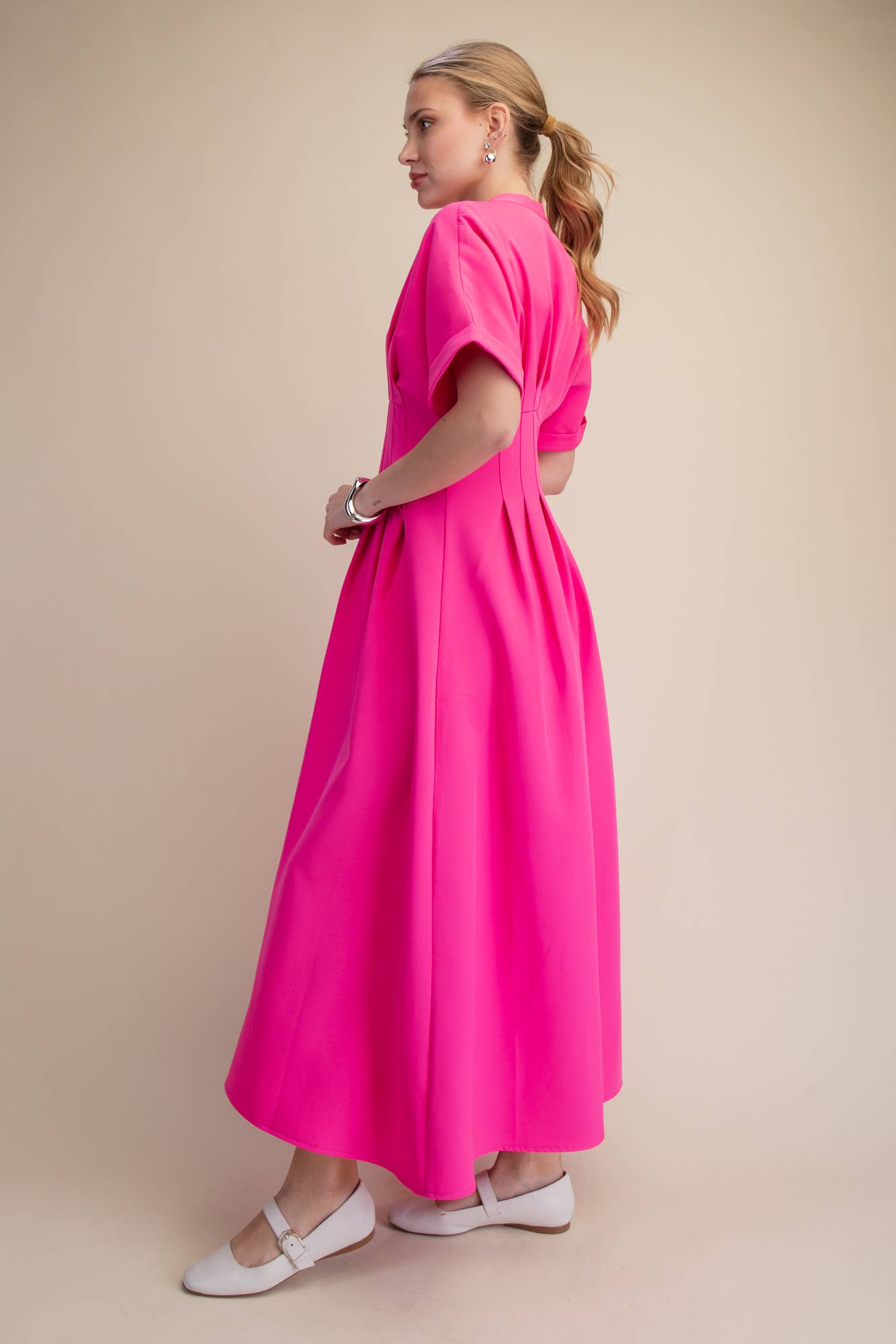 Front Zip Pleated Flare Stretch Shirt Dress