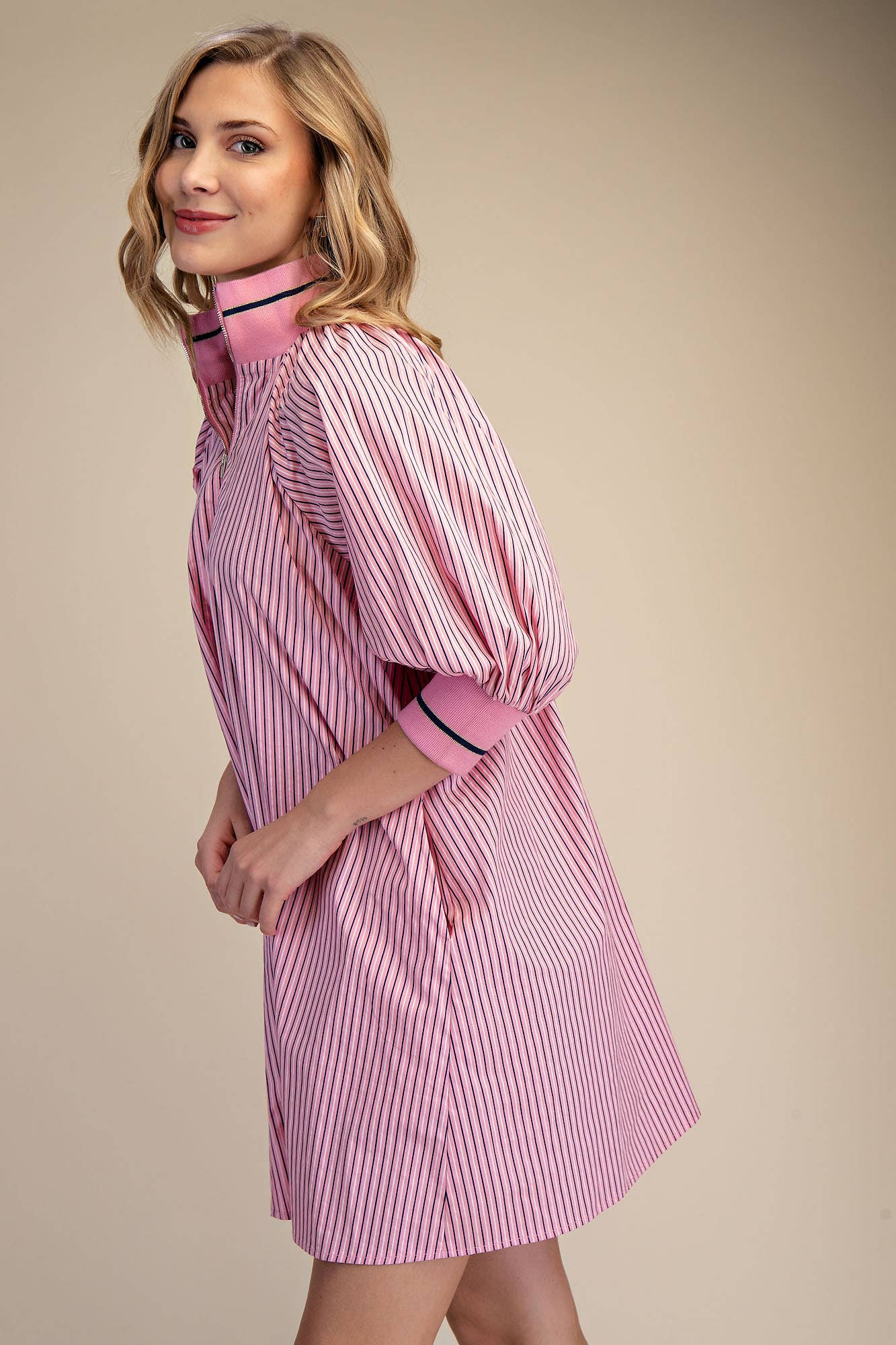 Mock Neck Band Puff Sleeve Casual Mini Dress