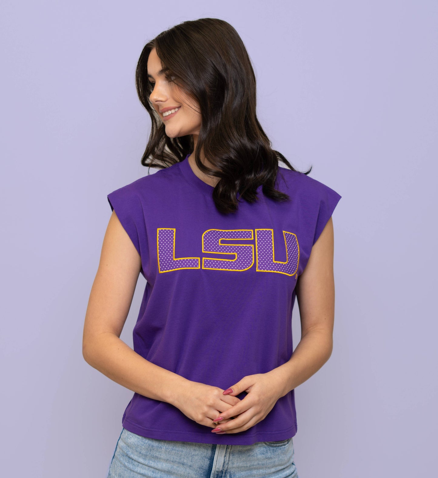 LSU (Licensed)  Women's Polka Dot Appliqué Embroidery Boxy Purple Tank