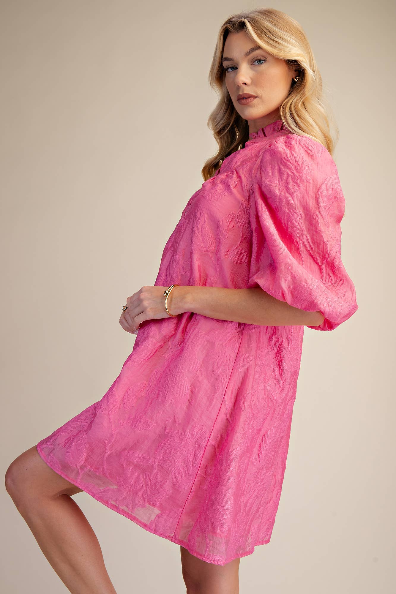 Pink Ruffled Neck with Volume Sleeve Dress
