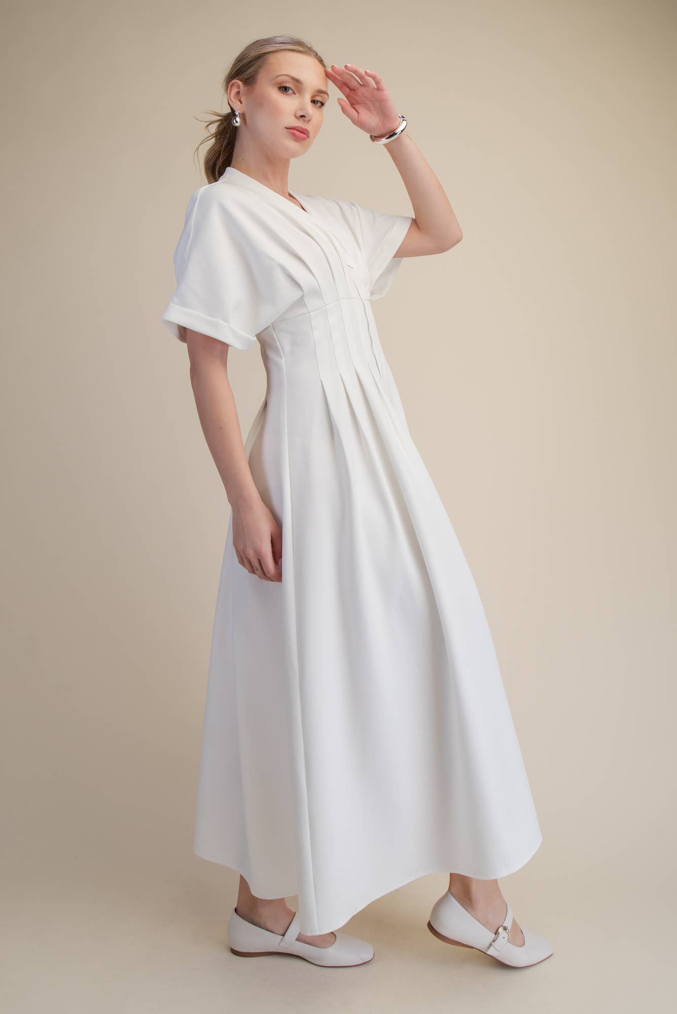 Front Zip Pleated Flare Stretch Shirt Dress