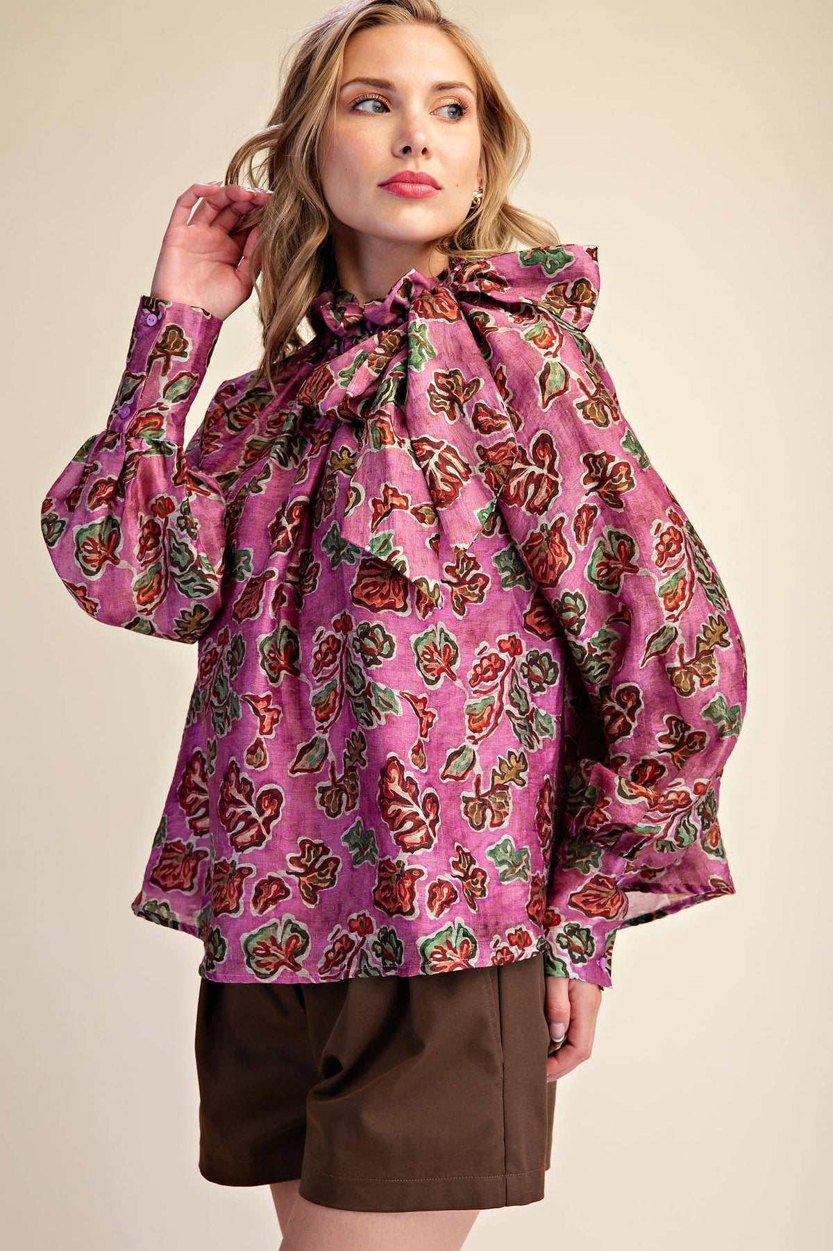 Pink Ruffle Tie Neck Long Sleeve Print Blouse