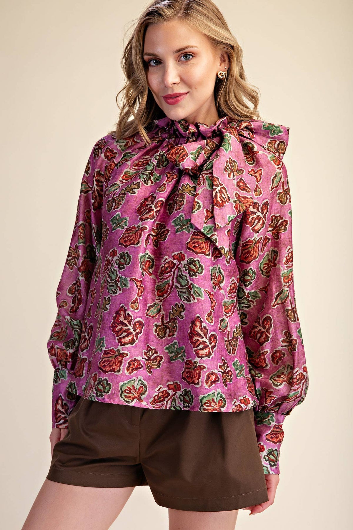 Pink Ruffle Tie Neck Long Sleeve Print Blouse